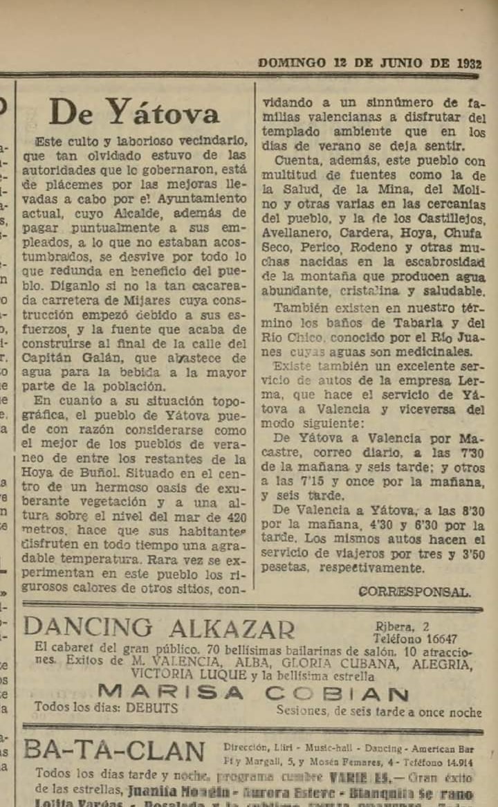 De Yatova Periodico El Pueblo 12 De Junio De 1 932 Turismo Yatova